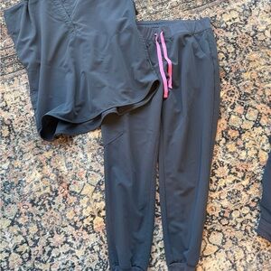 Grey Figs Scrub Set with Pink Drawstring